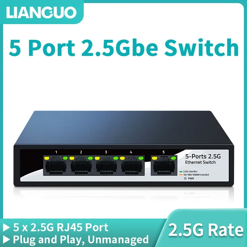 Switches Lianguo 2.5GBE Ethernet Switch 5 Port 2.5G Network Switch Fan Less Small Home Lab Setup Switch Unmanaged Plug and Play