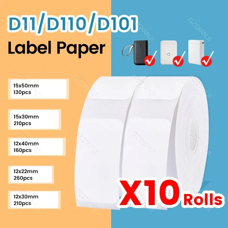 Imprimantes Niimbot D101 D11 D110 Étiquette Thermal Imprimante Blanc Étiquette papier Roll étanche 10rolls