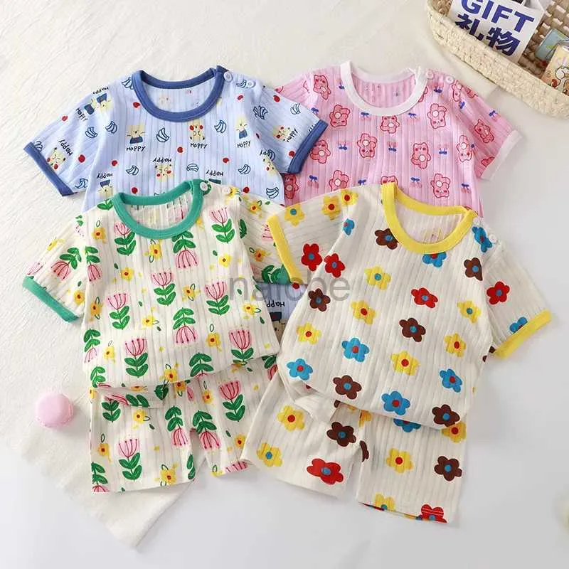 T-Shirts Sommer Baby Girl Boy Kurzarm Kleidung Set Baumwollblume T-Shirts und Shorts 2 Stück Outfits Kinderpyjama Homewear 240410