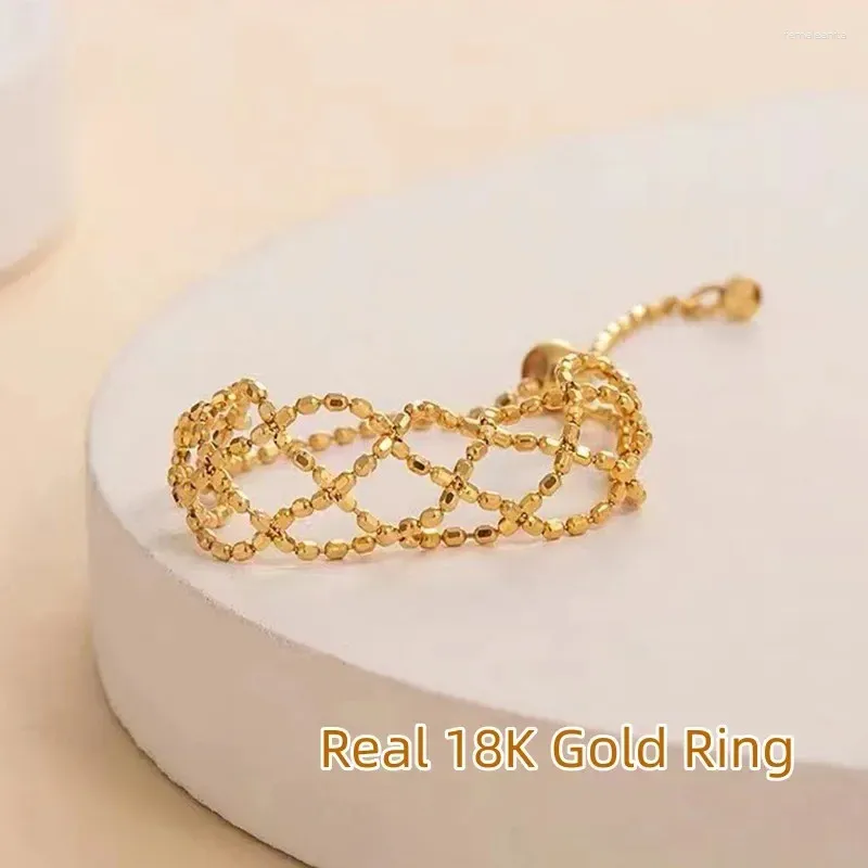 Clusterringe Real 18k Gold Verstellbarer Ring Echtes Au750 Lace Mesh Weichkette Einfache Mode Fine Schmuck Geschenk für Frauen
