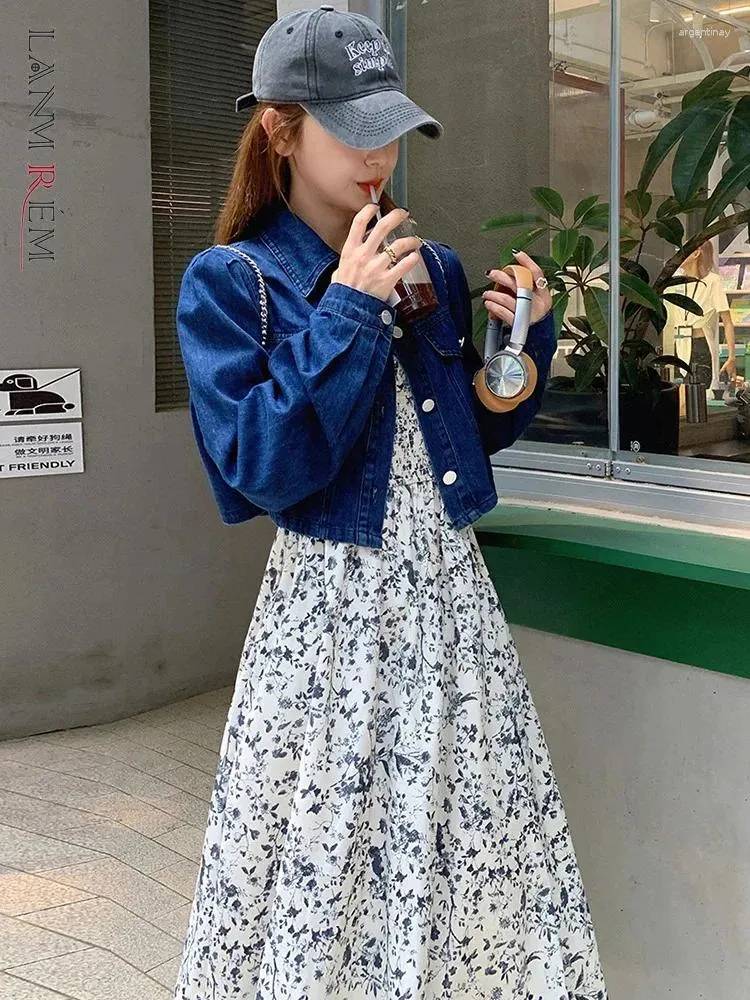 İş elbiseleri lanmrem denim kısa ceket mürekkep boyama askı elbisesi 2 adet kadın Kore tarzı gündelik sokak kıyafetleri bahar 2da3915