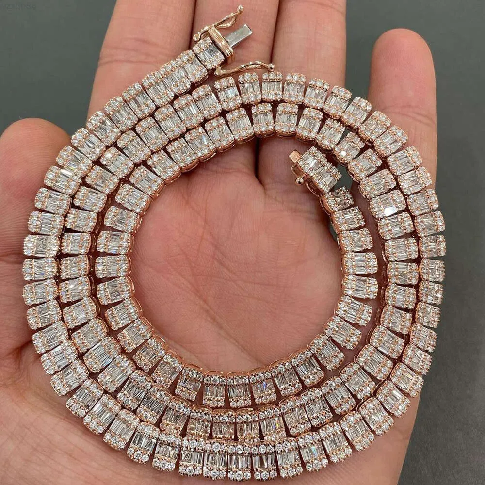 Colar de tênis de baguete elegante e elegante colar de tênis gelado de ouro rosa banhado S925 VVS Cadeia de diamante Silver Moissanite Tennis Chain