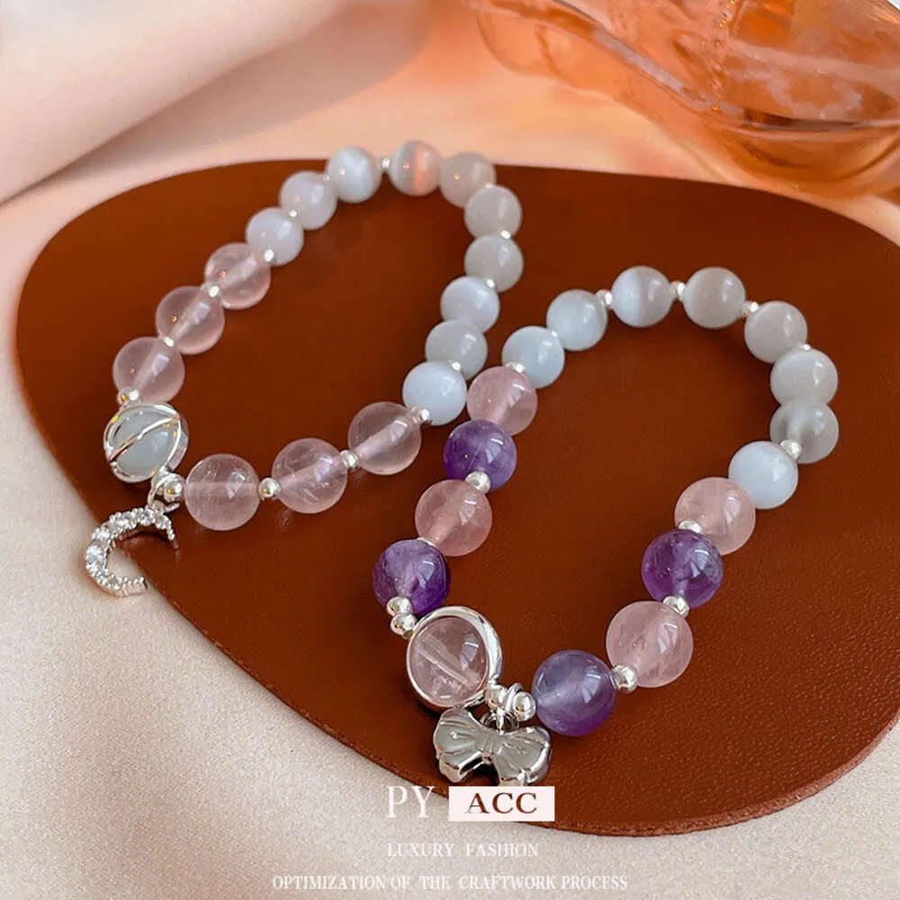 Cat's Eye Crystal Bow Moon Elastic Sweet and Fashionable Design Feel Bracelet Elegance Versatile Handicraft for Women