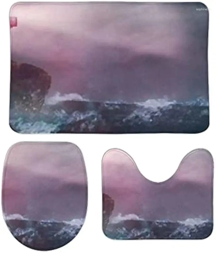 バスマットバスルームの敷物セットマットトイレットシートカバー灯台海の波はエクストラソフトサンゴのフリース吸収剤非スリップマシン