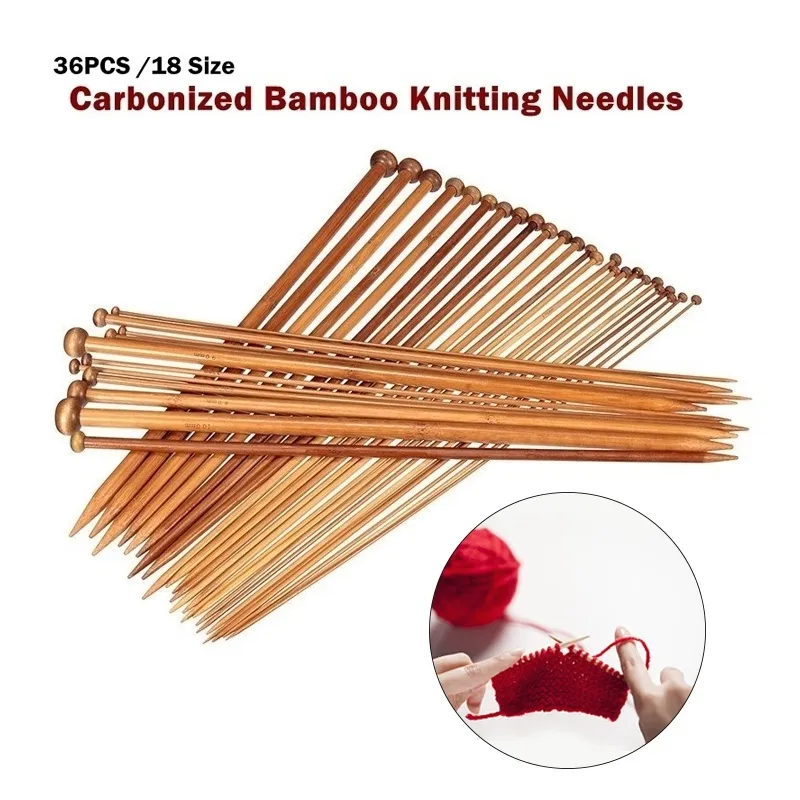 36PCS / SET 18 Taille carboniser le bambou à point de tricot à pointes à pointe Kit d'aiguilles lisses à aiguille à aiguille outil d'artisanat