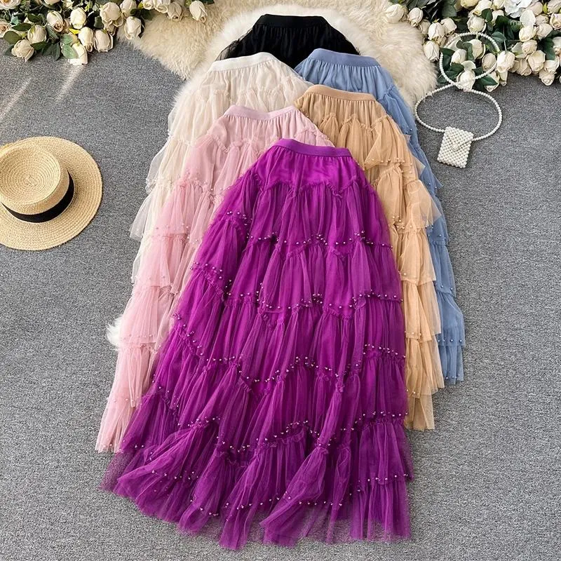 Gonne surmitro donne in tulle gonna lunga 2024 autunno inverno di moda perline di una linea ad alta vita tutu maglia maxi femmina viola