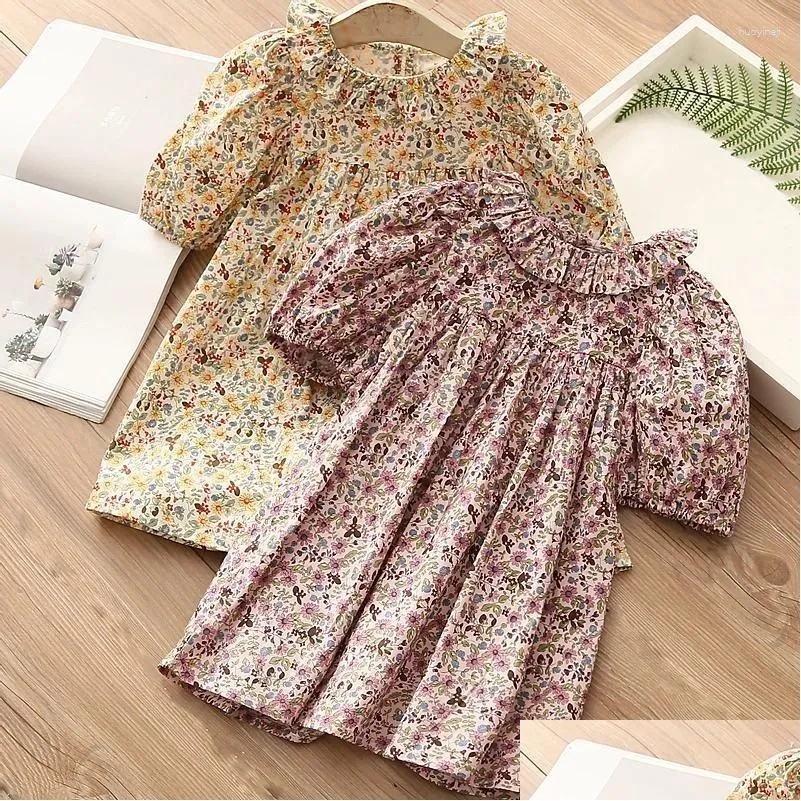 Vestidos de menina menina 2024 Summer Girls Fashion 2-12 anos Crianças Criando algodão solto de manga curta Tops de flores florais para Kid DHW1C