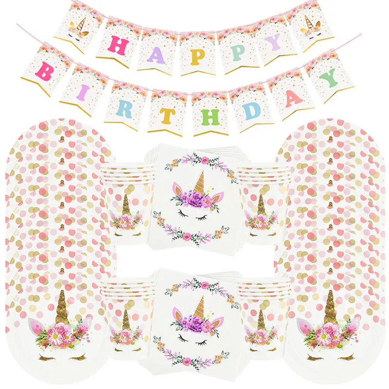 Unicorn Birthday Disposable Tableware Kit Unicorn Confetti Balloons Paper Plates Cups For Girls Birthday Party Decor Baby Shower