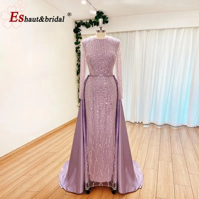 Party Dresses Elegant Wedding Evening Dress For Women 2024 Muslim O Neck Long Sleeves Mermaid With Detachable Train Sequined Prom Gowns