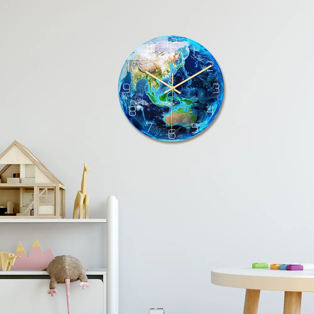 8d, Glowing Wall Clock, Mute Sweep, Luminous Earth Clock, Wall Clocks, Glow in the Dark, Wall Stickers for Kid Decor, Planets