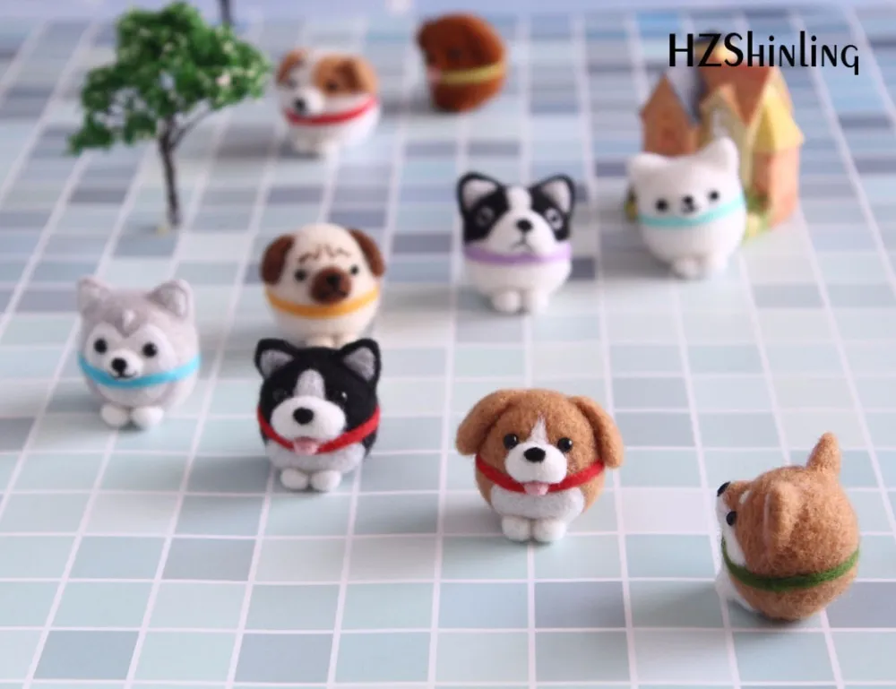 Niet-afgewerkte 9 honden DIY Wool Felling Pakket Handgemaakte Shiba Inu Dog Toy Doll Wool Filt Puted Kitting for Stitch Naald Beginner