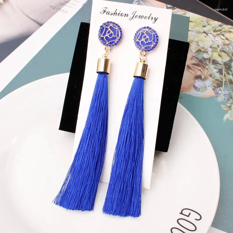 Dingle örhängen Bohemian Crystal Rose Flower Long Tassel Drop For Women Girls Red White Black Silk Fabric Fringe Earings Jewelry