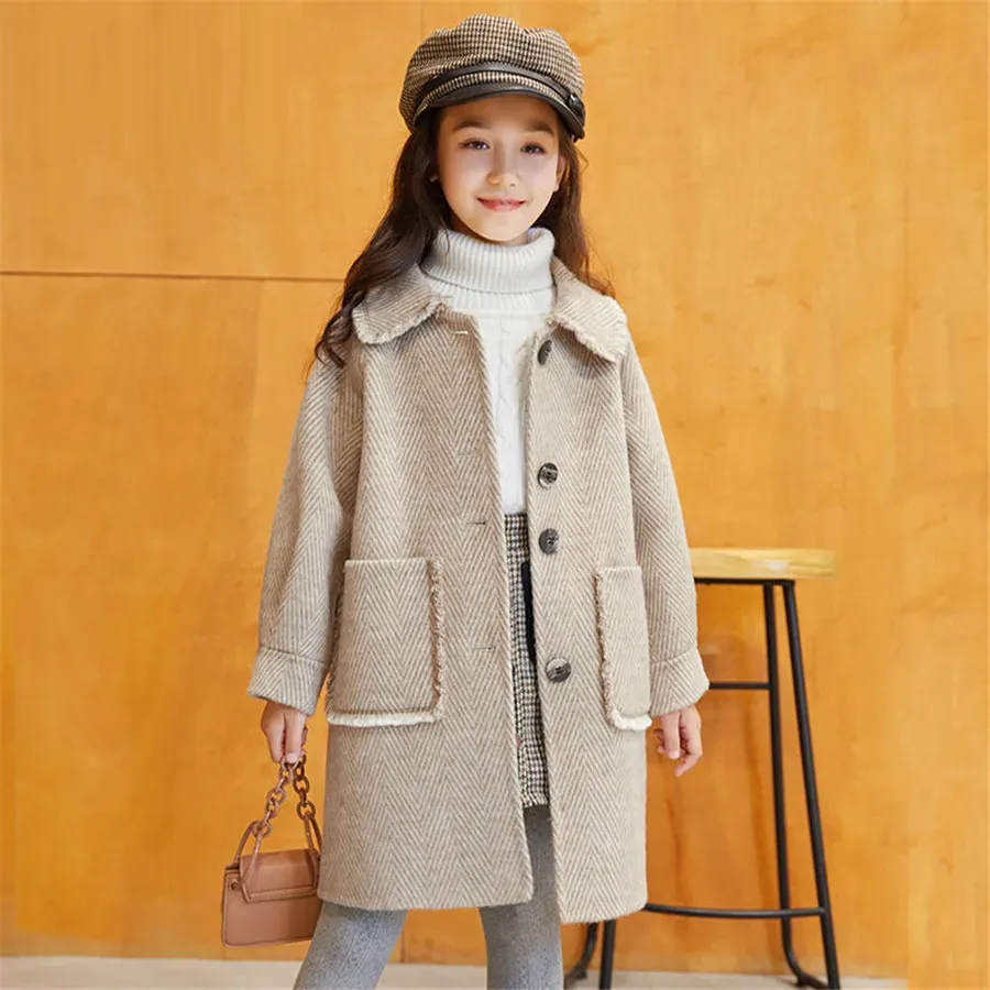 Crianças meninas Coats Outerwear Winter Girls Jackets Woolen Trench Long Teenagers Roupos quentes roupas crianças roupas para 8 10 12 14 anos