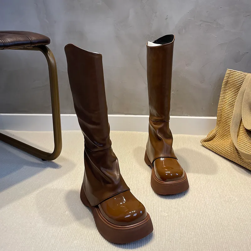 High Heel Platform PU Leather Wedge Chunky Knee High Boots For Women ...