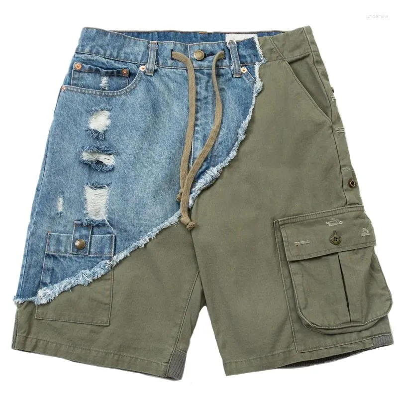 Mens Denim Cargo Shorts Ripped Jeans Style, Splice Design, Multi