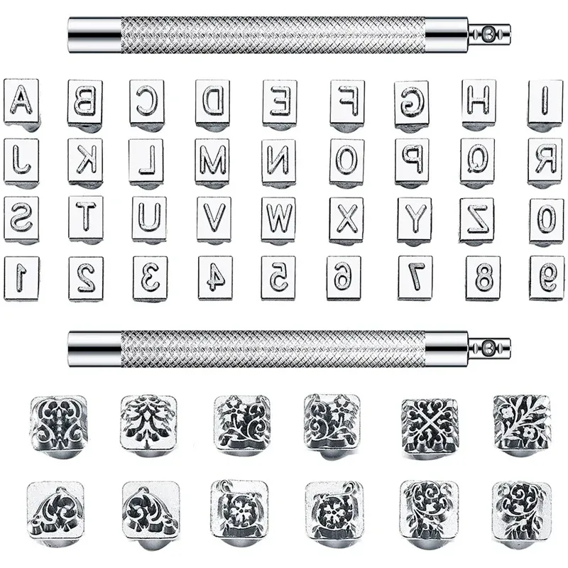 Sets 50 Stück Buchstaben und Zahlen Stempel Set 6 mm Alphabet Lederstempelstempel Metall Blumenmuster Stempelwerkzeuge mit Griff