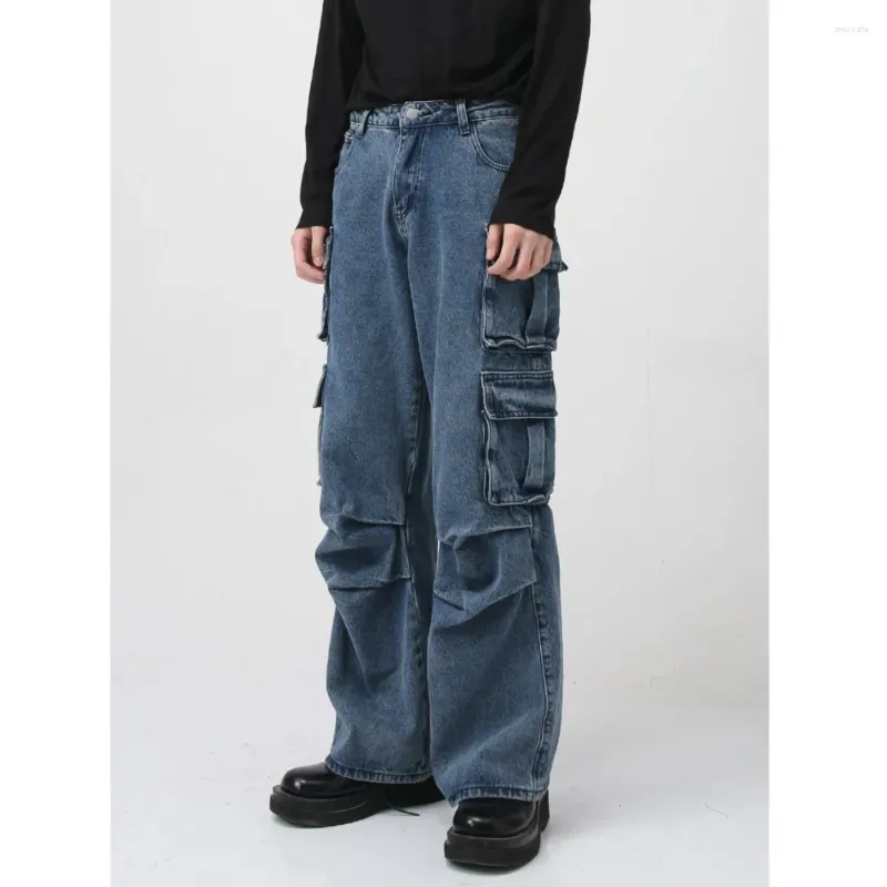 Jeans masculin coréenne de lavage de la personnalité multiples poches High Street 2024 Fashion Colon de coton Solide Couleur à fermeture éclair Straitement