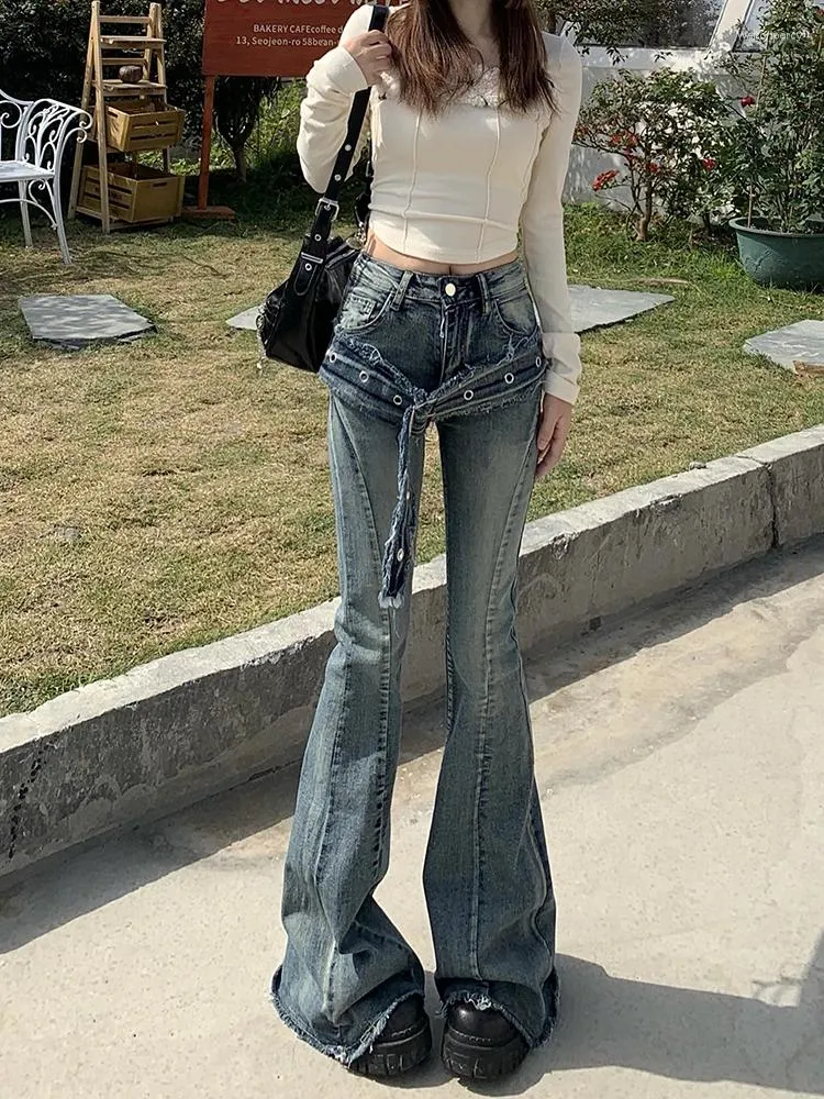 Women's Jeans WCFCX STUDIO High Waisted Women Clothing Skinny Flare Pants Streetwear Vintage Denim Harajuku Full Length Trousers