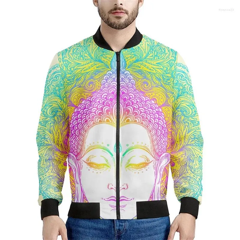 Herrenjacken Buddha Statue Mandala Print Bomber Jacke 3D Langarm Sweatshirt Cool Street Übergroße Reißverschlussmantel