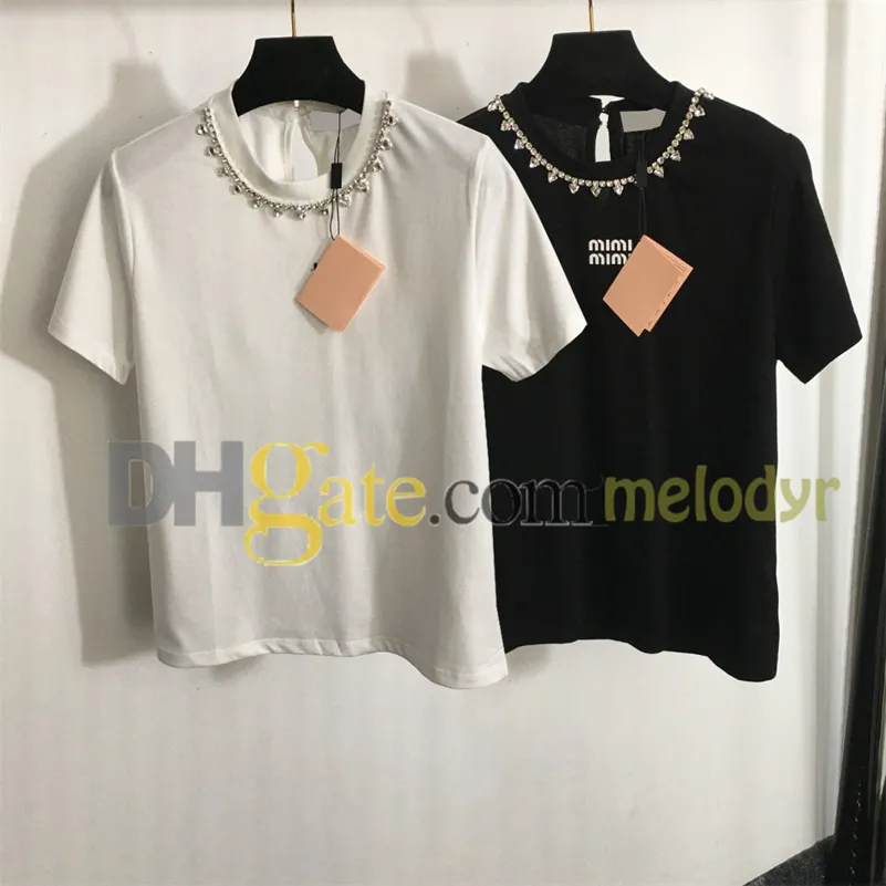 Women Designer Black White T Shirts Rhinestone Crew Neck Tees Top Ladies Summer Casual Short Sleeve Letter Pullovers