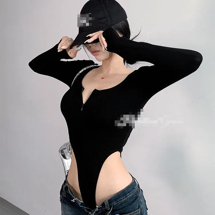Spring long-sleeved T-shirt female positive shoulder zip Europe and the United States wind spicy girl sexy pure desire design sense within the long-sleeved jumpsuit