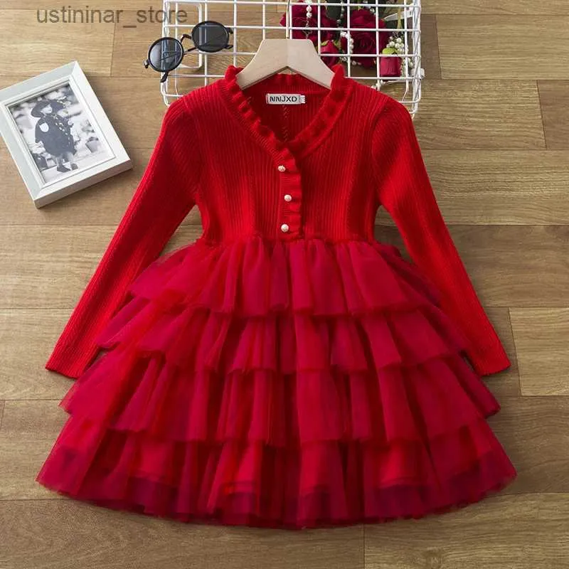 Girl's Dresses Red Christmas Knitted Sweater Dresses for Girls Long Sleeve Winter Warm Kids New Year Princess Party Evening Dress for 2-8 Yrs L47