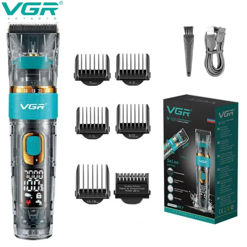 Clippers VGR Hair Clipper Waterproof Hair Cutting Machine Sladdlös hårtrimmer Transparent Treespeed Justering Clipper för män V695
