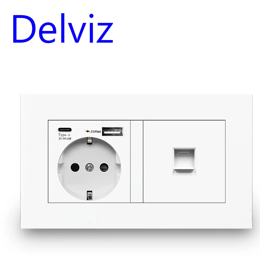 Delviz Wall USB dubbele socket, plastic paneel witte kwaliteit, 5V 2100MA met USB -poorten, 146 mm*86 mm, EU Standaard Type C Power Outlet