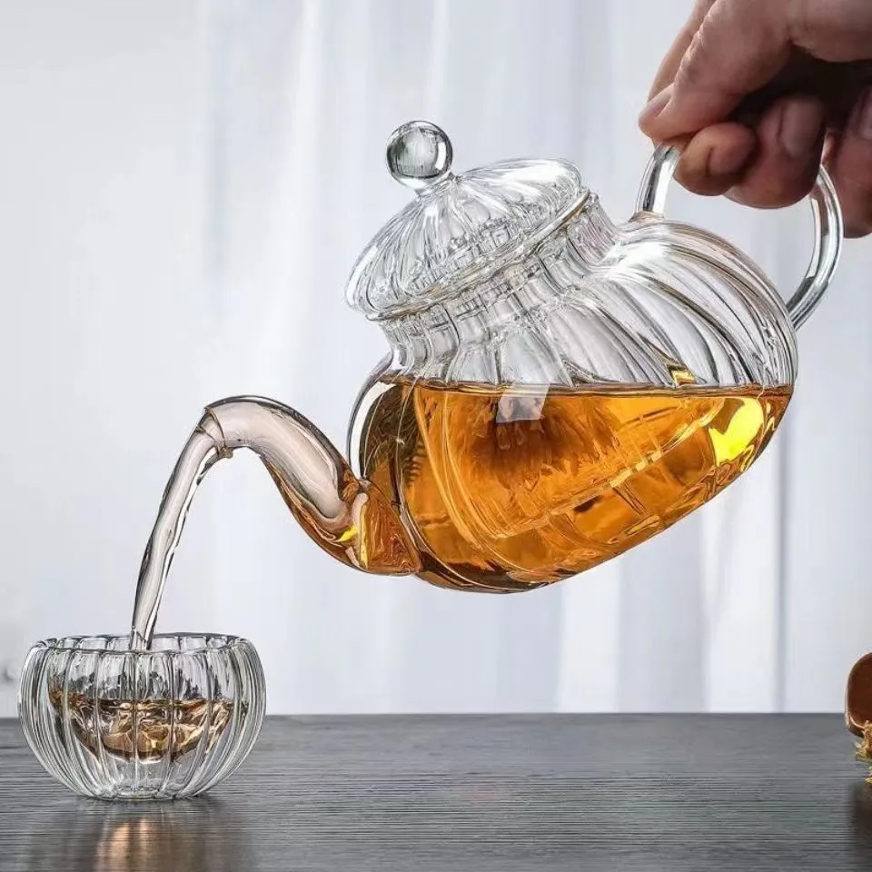 Striped pumpkin shape flower teapot Flower TeaCup Glass Teapot with Infuser Tea Leaf Herbal Heat Resistant Glass Pot