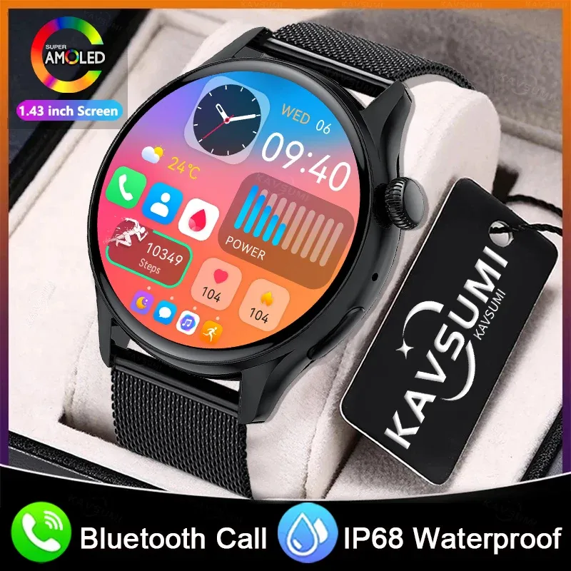 Watches Kavsumi Smartwatch Men 466*466 AMOLED 1,43 "Skärmen visar alltid tid Bluetooth Ring IP68 Waterproof Sports Smart Watch Women
