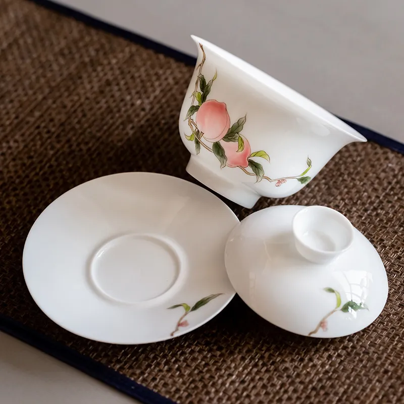 175 ml biała porcelanowa herbata tureen sancai pokrywana miska pojedyncza herbata kubek ręcznie malowany długowieczność brzoskwini słodka gaiwan kung fu herbacian