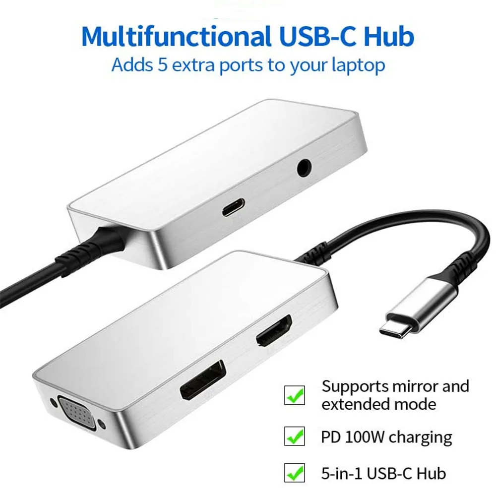 5IN1 USB-C HUB PD 100W Charge Multi-Port Hub DisplayPort Audio 3.5 mm PD USB-C Connectez-vous au projecteur et au moniteur