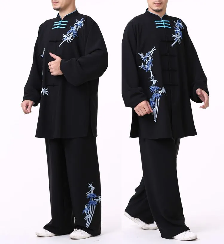 Pas de hoogste kwaliteit unisex Autumnwinter borduurwerk bamboe kung fu uniformen wushu taiji tai chi pakken aan krijgskleding kleding