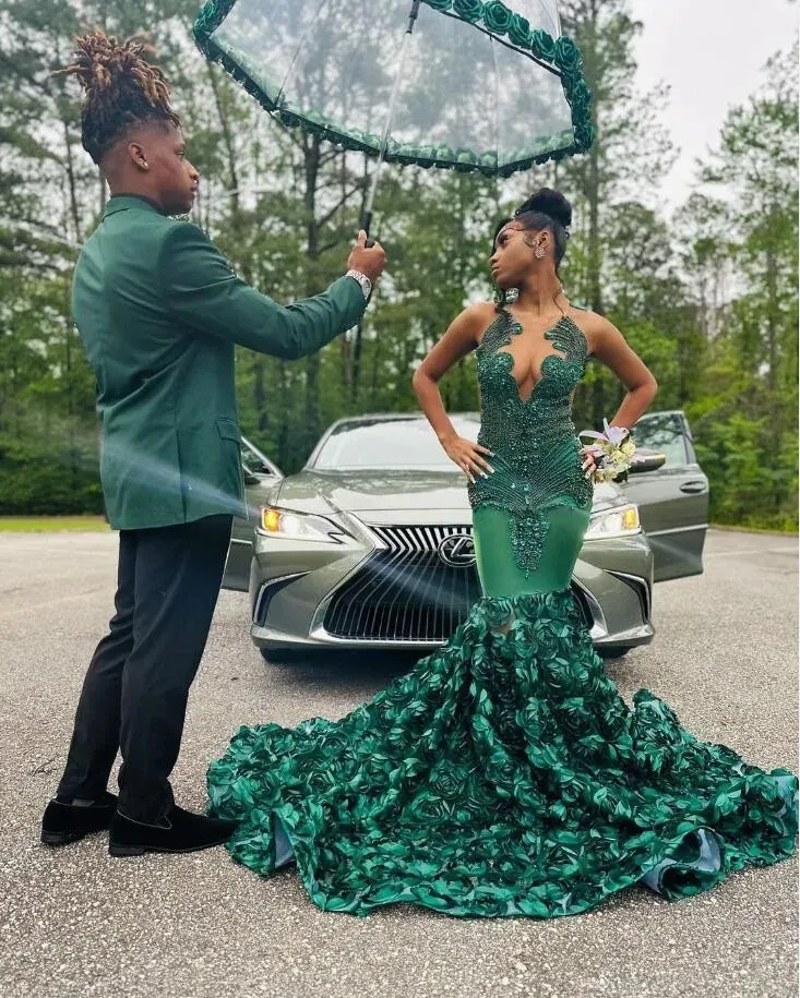 Elegant Hunter Green Rose Long Prom Dresses 2024 For Black Girls Crystal Beaded African Birthday Queen Gown Vestidos De Noche