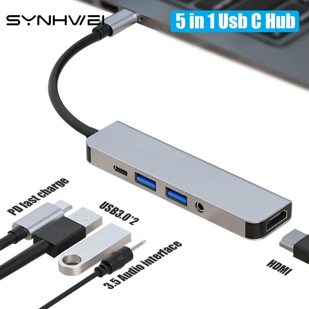 Хаб 5 в 1 USB C Hub для адаптера ноутбука HDMI4K PD Docking Station с 3,5 -мм Aux PC ноутбук для MacBook Splitter Splitter