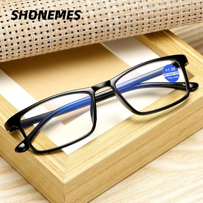 Solglasögon Shonemes Anti Blue Light Reading Glasses TR90 Frame Square Presbyopia Eyeglasses Dioptrar 1 1.5 2 3.5 4 För män kvinnor
