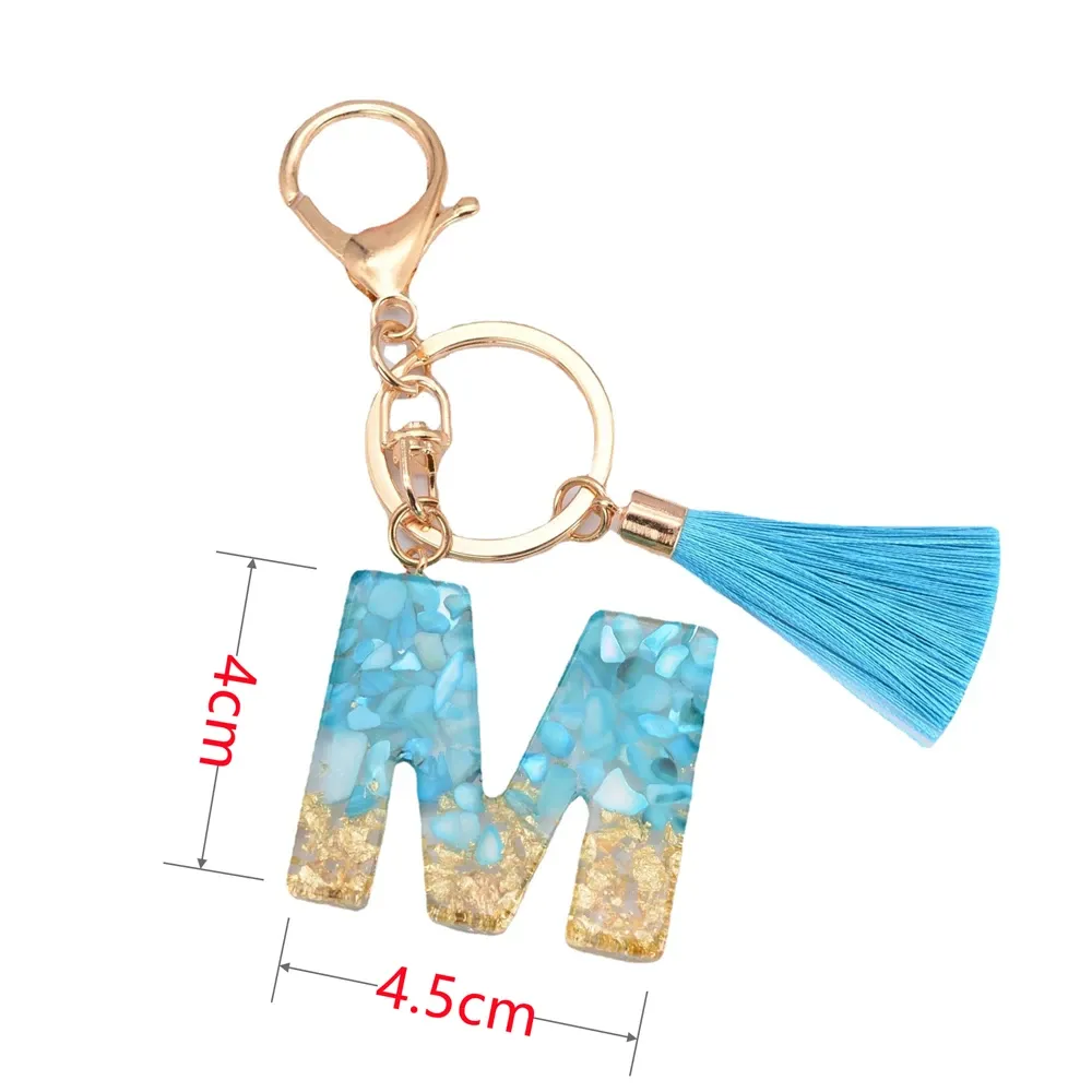 New Blue Stone 26 Latin Alphabet Pendent Keychain With Tassel for Women Resin Keyrings Charms Girl Bag Ornamant Accessories