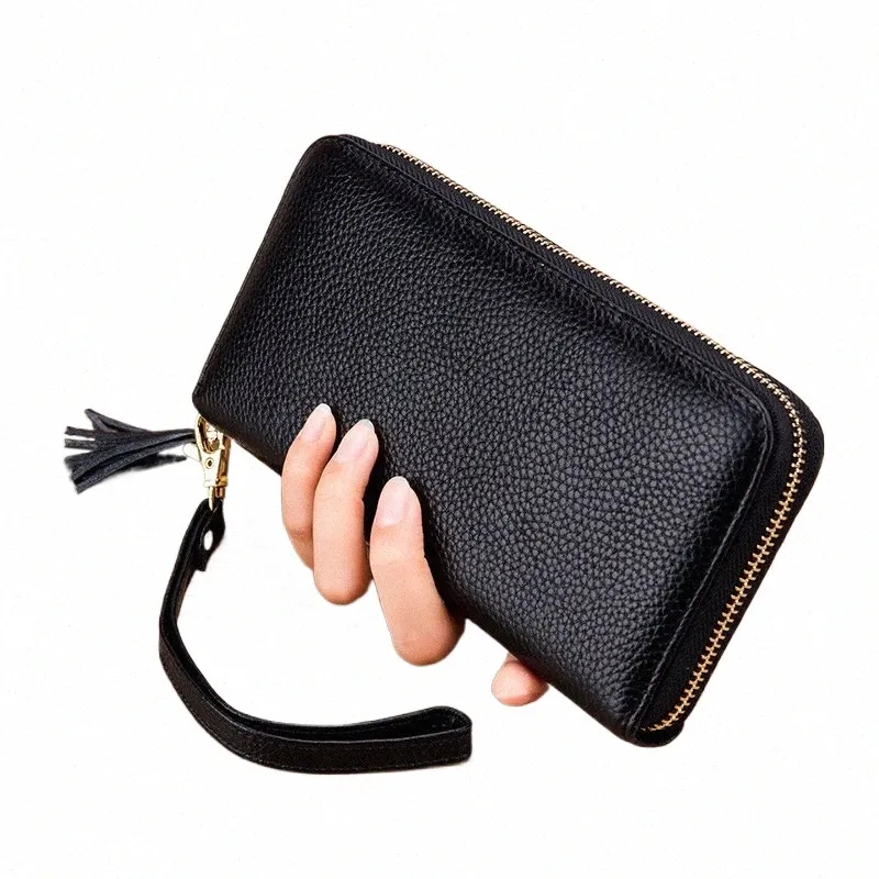 RFID Wallet Women Classic äkta läder LG -dragkedja handväskan Korthållare Koppling plånböcker damer stilfulla tofsar handledspåse r023#