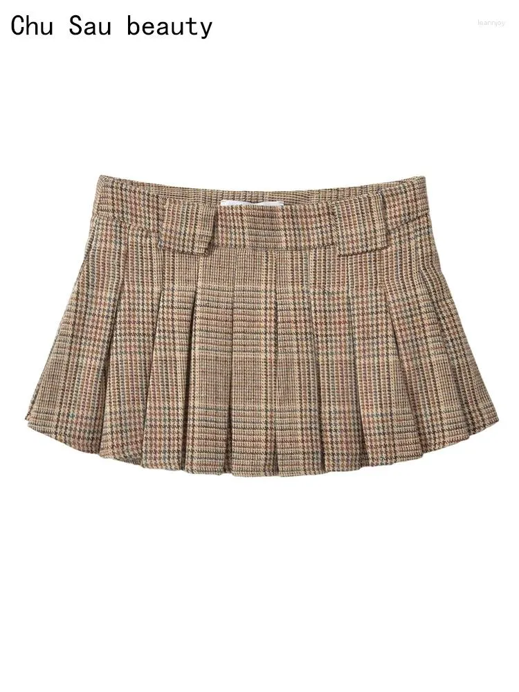 Skirts Chu Sau Beauty 2024 Women Fashion Preppy Style Plaid Print Pleated Mini Skirt Sexy Low Waist Chic Y2k Super Short