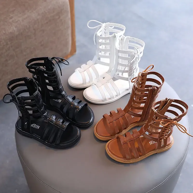 Boots Girls 'Roman Sandals 2022 Summer New Style Zipper Fashion Sandal Boots Straps Casual Soft Bottom Nötkött Sendon Barnskor