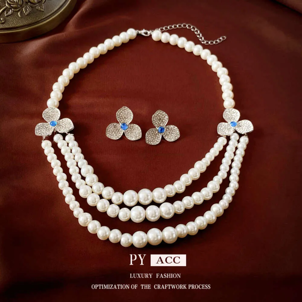 Французский стиль алмаз инкрустанный цветочный жемчуг многослойный набор серьги, легкая, модная цепочка ключиц, высококачественное ожерелье ожерелья