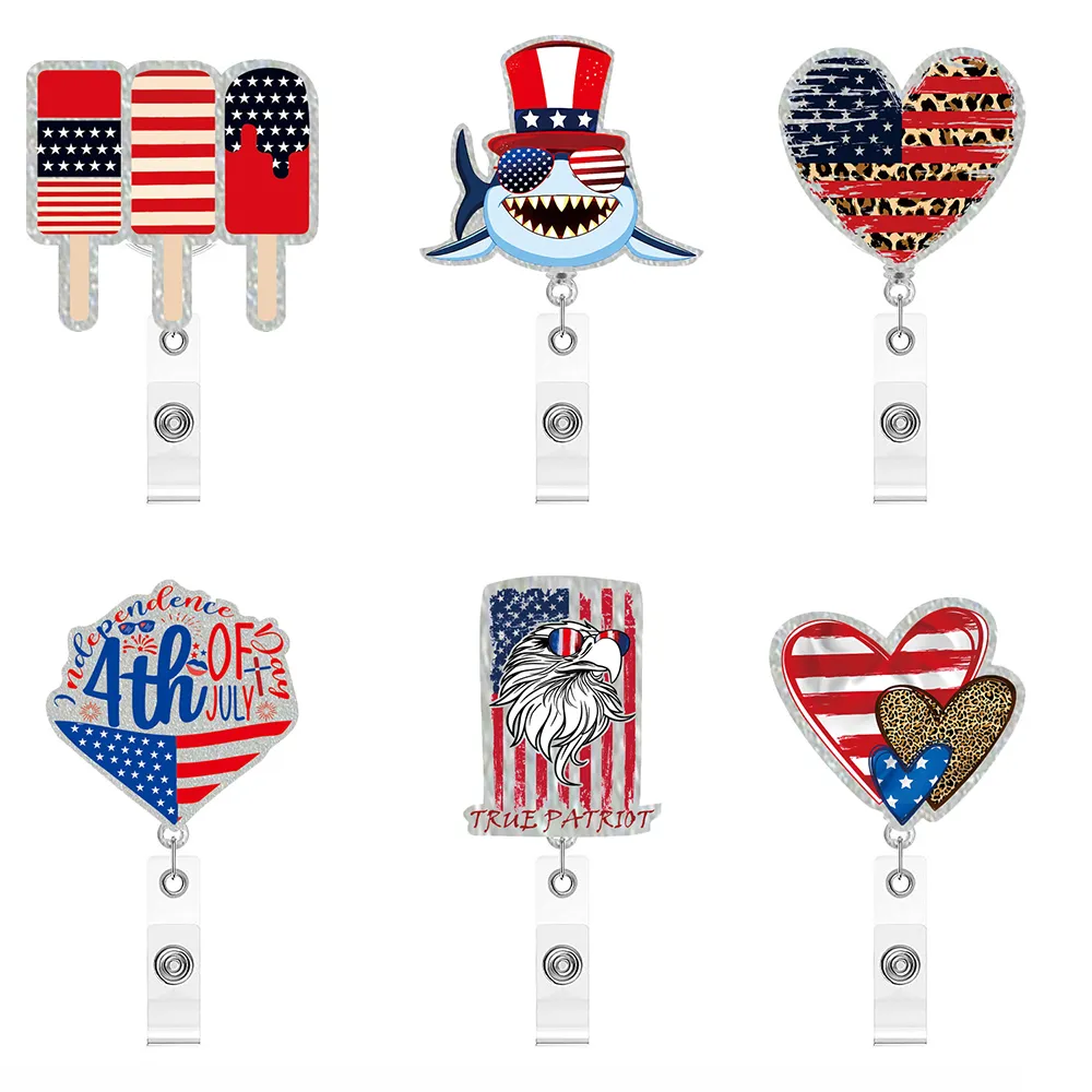 10 datorer/Lot Custom Key Rings Nya stilar Akryl Glitter Badge Holder 4 juli American Heart Badge Reel For Hospital Worker Accessories