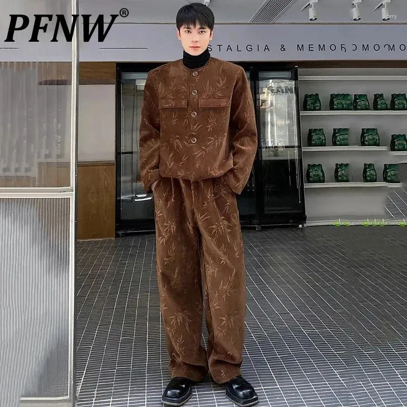 Men's Tracksuits PFNW Chinese Style Men Woolen Two-piece Suit Short Jacket Straight Pants Fashion Thickened Male Sets Printing 2024 9C4003