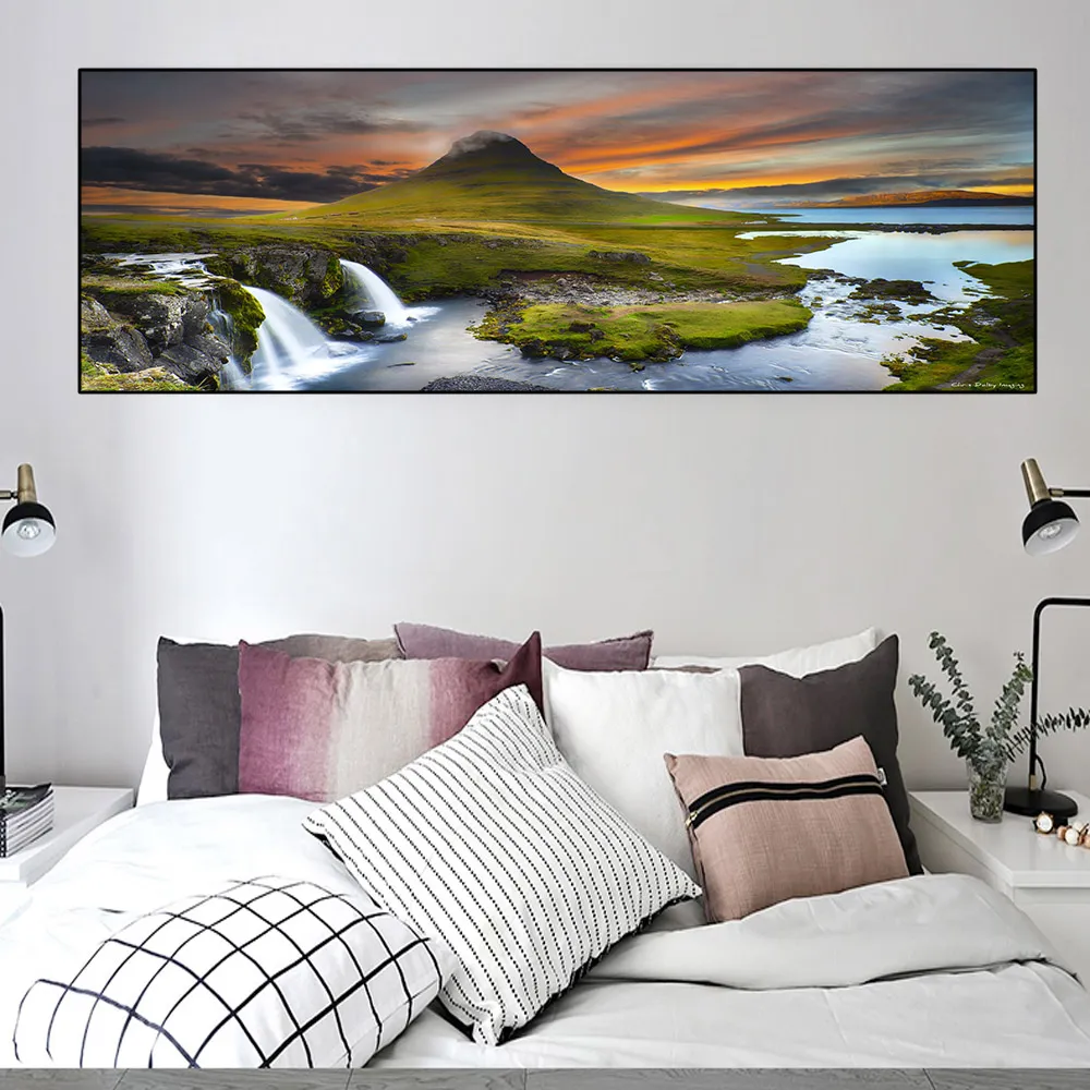 Nature Iceland Green Grass Waterfall Canvas Peinture Nordic Landscape Affiches et imprimés Wall Art Pictures Home Decor No Frame