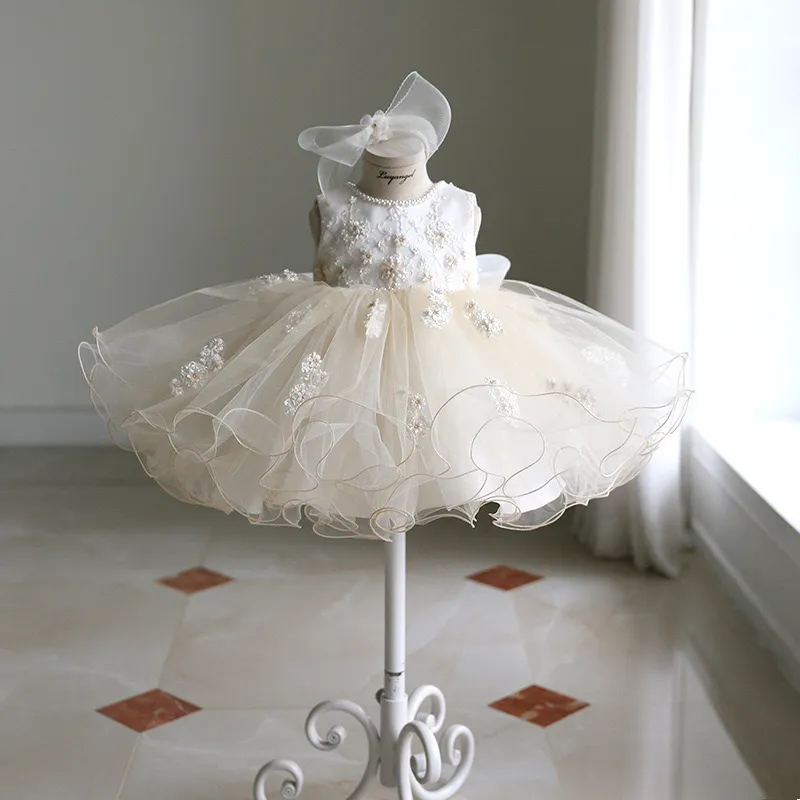 Koronkowe tiulowe sukienki kwiat dziewczyny duże łuki Dziecięce Pierwsza sukienka Komunii Księżniczka suknia balowa sukienka weselna Pearls z koraliki Lilttle Dzieci urodziny