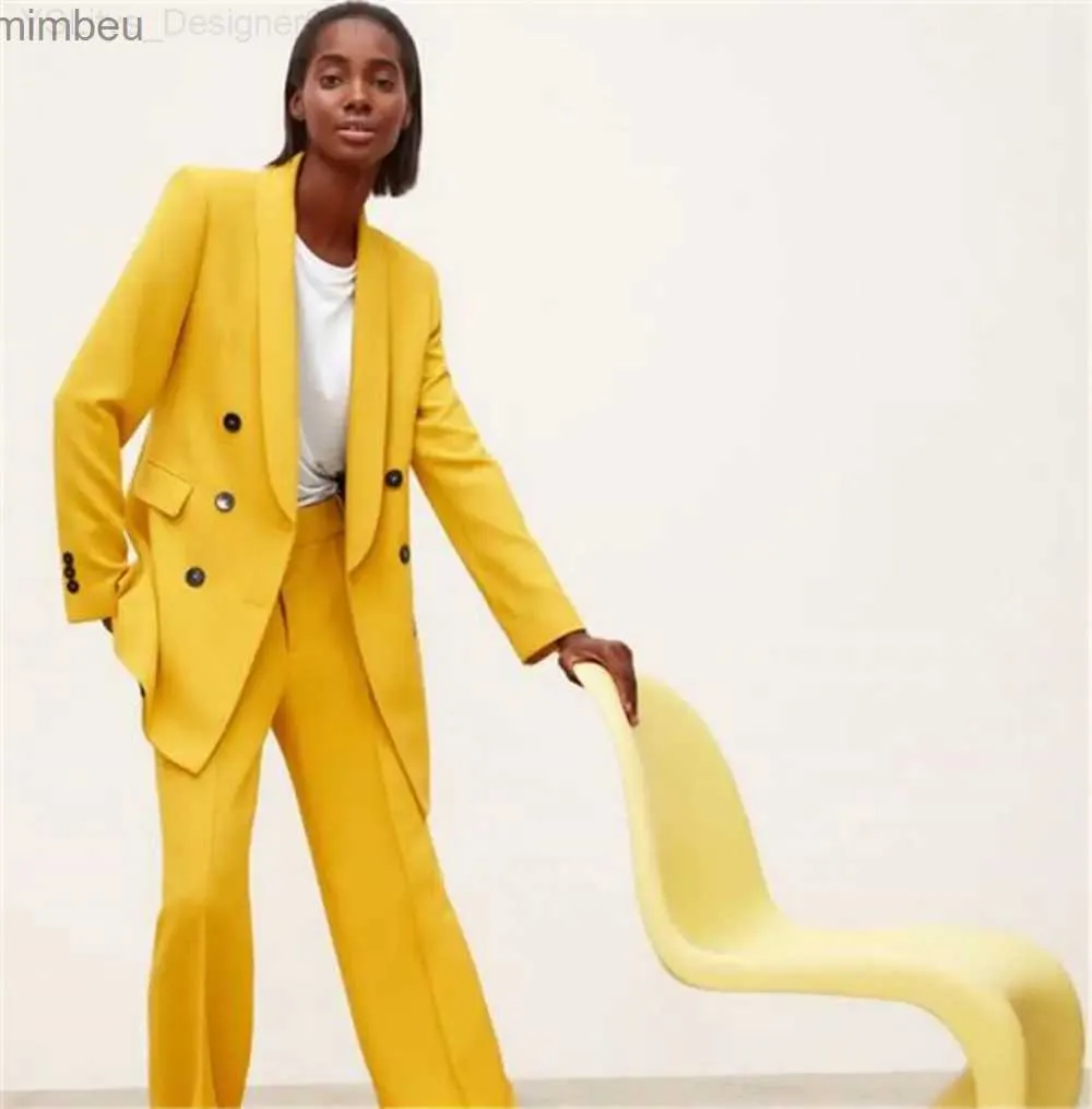 Costumes de femmes Blazers Suisses de pantalon de mode jaune pour femmes manteau à deux pantalons + pantalon de bureau dames décontractées à manches longues Blazer Ligne droite Trantsl240117