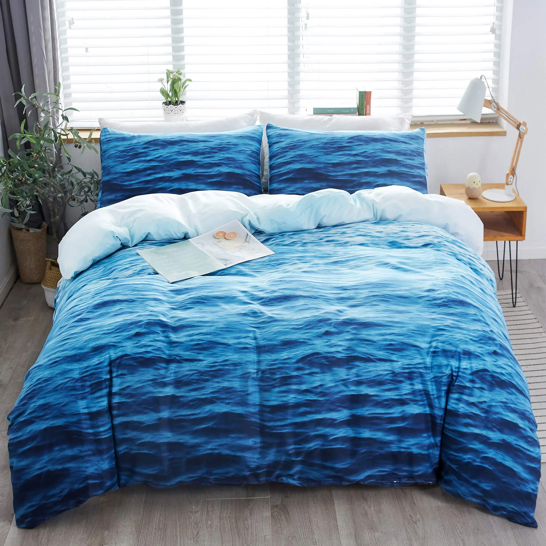 Couvrette de couette à vagues de mer King / Queen 3d 3d Blue Ocean Spray Waves Lit de literie pour les adolescents pour enfants, Azure Seawater Soft Counter