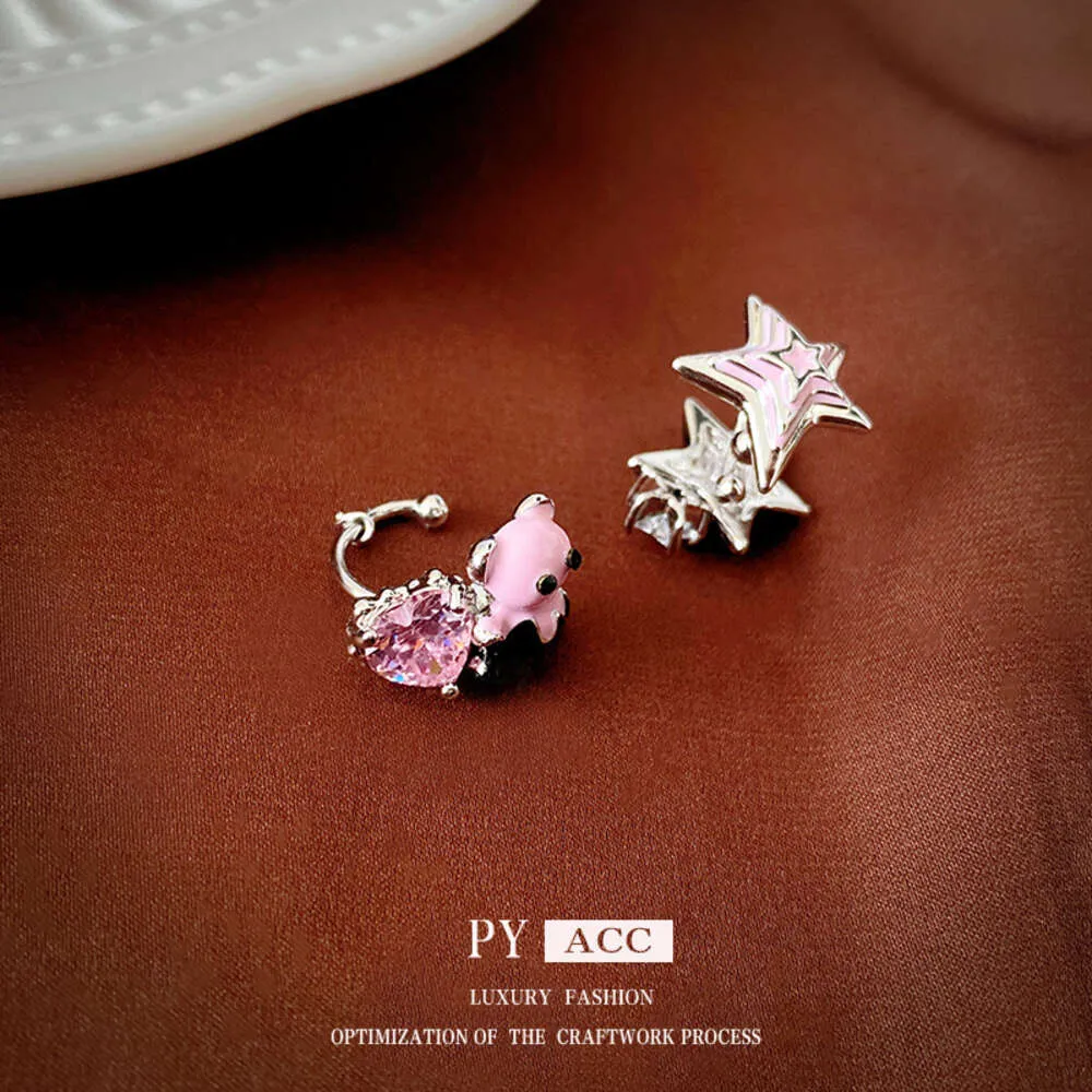 Korean Sweet Bear Love Zircon Drop Oil Earbone Cute and Elegant Style Clip Without Ear Hole Fashion Earrings