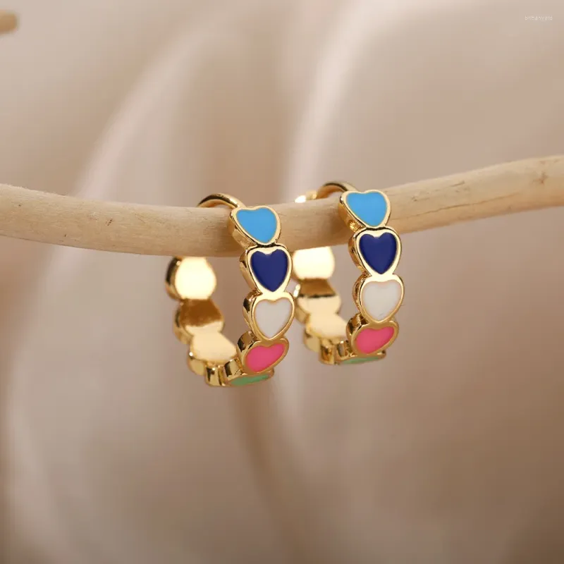 Hoop Earrings Pink Enamel Heart For Women 2024 Trend Vintage Gold Plated Stainless Steel Luxury Jewelry Aretes Mujer