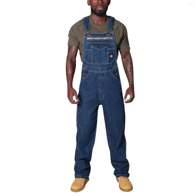 Herren Jeans Frühling/Sommer lässige Feste Farbe Denim Jumpsuit Weitbeingurte Arbeitskleidung mit Taschen 2024